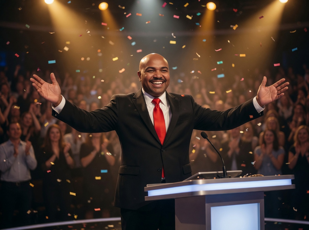 A host celebrating with an excited game-show audience
